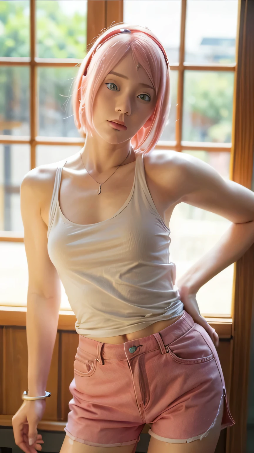 masterpiece, ,(solo:1.1), perfect face, (bright lighting:1.2),beautiful detailed eyes, extremely detailed face, perfect lighting,masterpiece, best quality, 1girl,haruno sakura, sexy pose, short pants, white tanktop