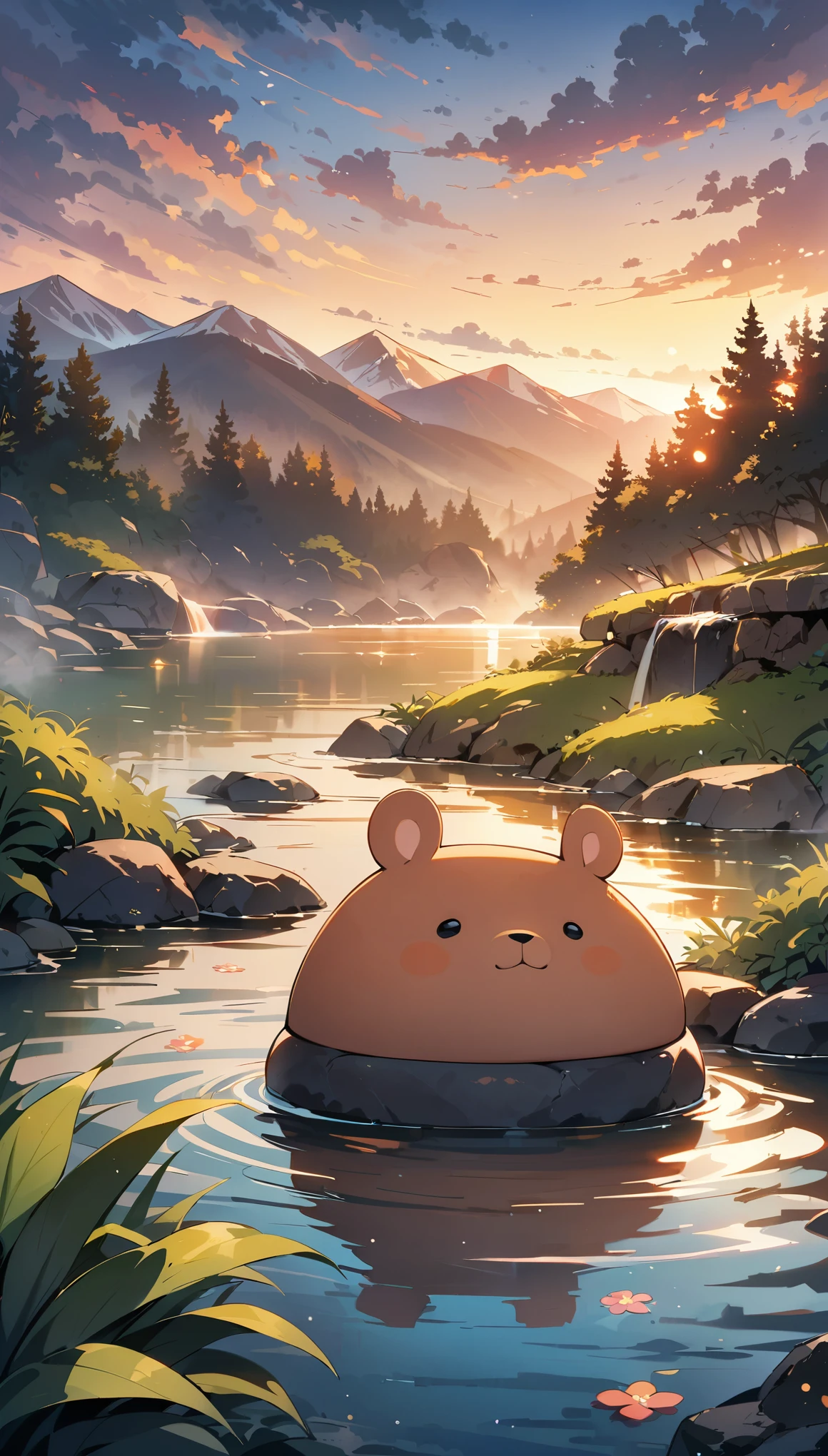 ((Hot springs with capybaras))、1 capybara:1.2、Cozy atmosphere、Rising steam、Lush vegetation、Relaxing bath、Calm colors、Ripples on a calm water surface、Calm atmosphere tranquility、A faint mist in the air、A sense of harmony and serenity、A delightful encounter with nature、A relaxing experience、A moment of blissful escape。 (highest quality、4k、8k、High resolution、masterpiece: 1.2)、Super detailed、(Chibi: 1.37)、Bright colors、Bokeh。