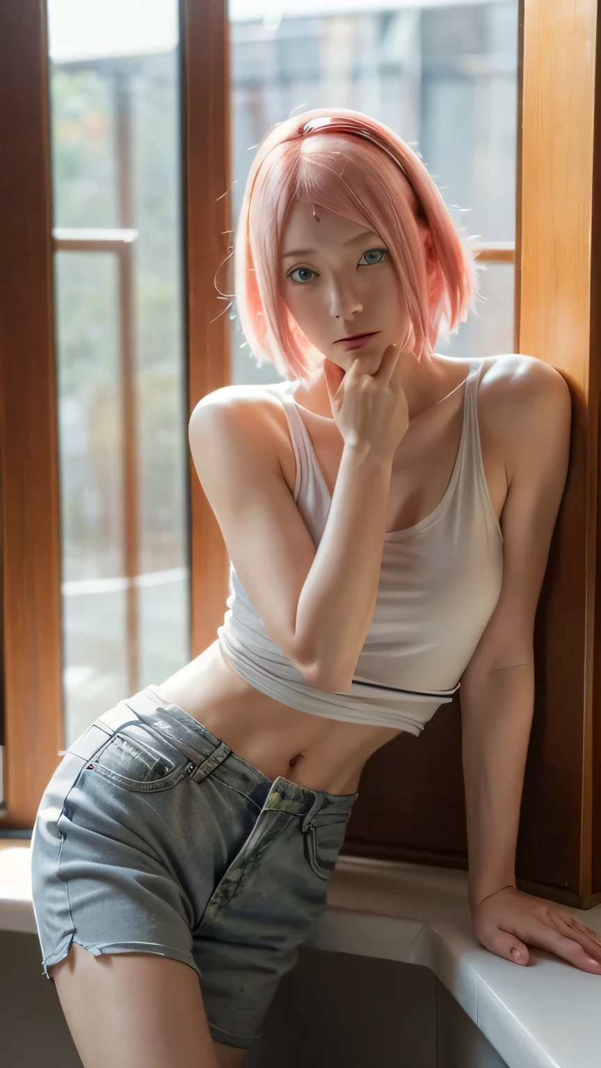 masterpiece, ,(solo:1.1), perfect face, (bright lighting:1.2),beautiful detailed eyes, extremely detailed face, perfect lighting,masterpiece, best quality, 1girl,haruno sakura, sexy pose, short pants, white tanktop