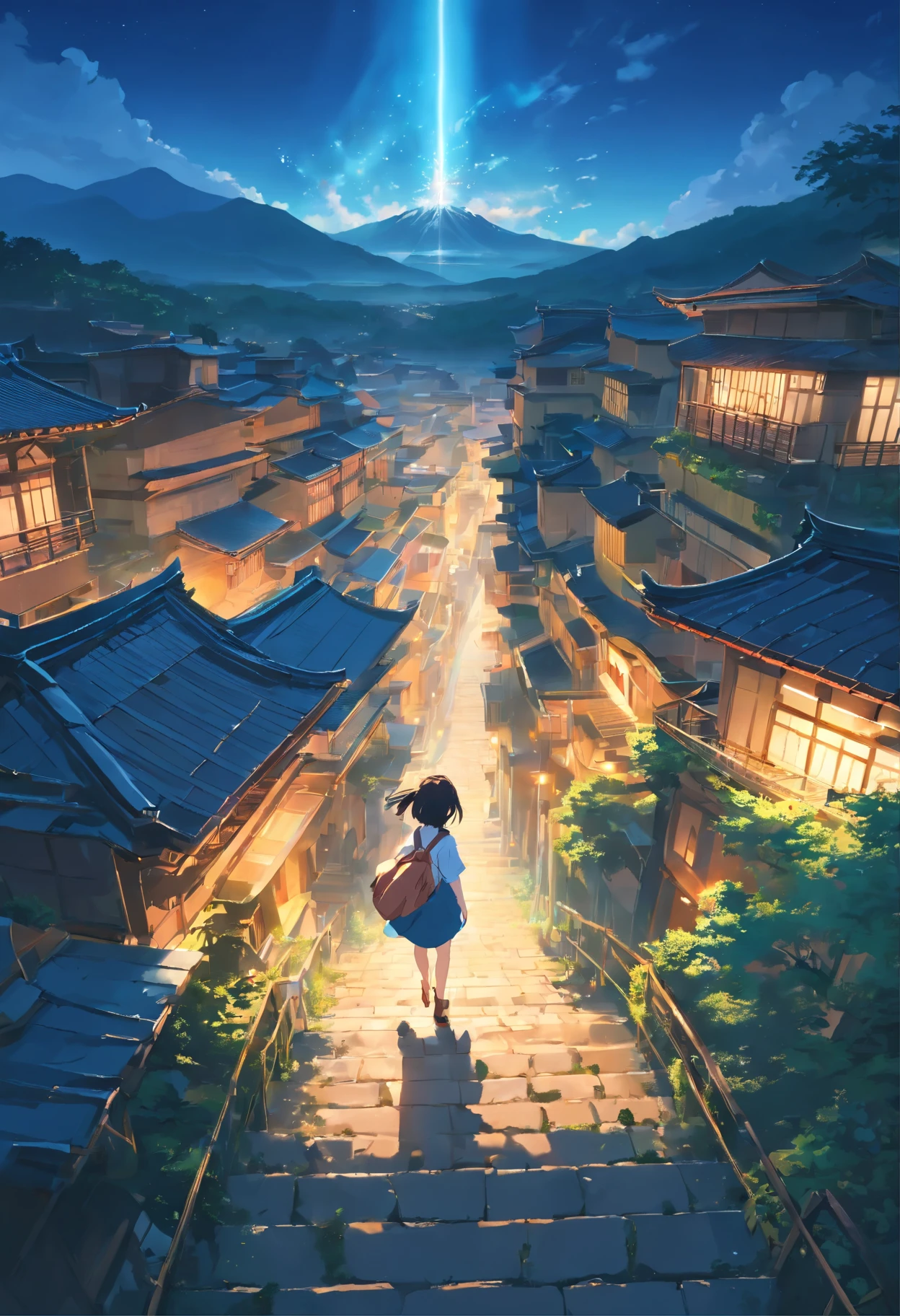 Anime girl walking down a street at night with a star in the sky - SeaArt AI