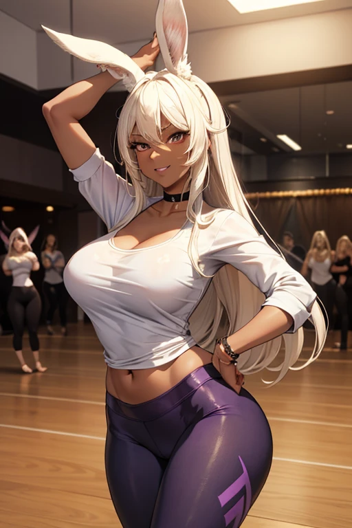 (masterpiece), best quality, highly detailed faces, (SHARP details), 4k, highly detailed, expressive eyes, SHARP detail expressive eyes, (SHARP detail perfect face), ((dark skin)), (bunny ears), (viera), ((platinum blonde hair)), (choker) amber eyes, long and wild hair, (mature woman), (big breasts), smiling, (((dancing))), hands on hips, toned body, standing, (wearing white shirt), (wearing purple yoga pants), dance studio,