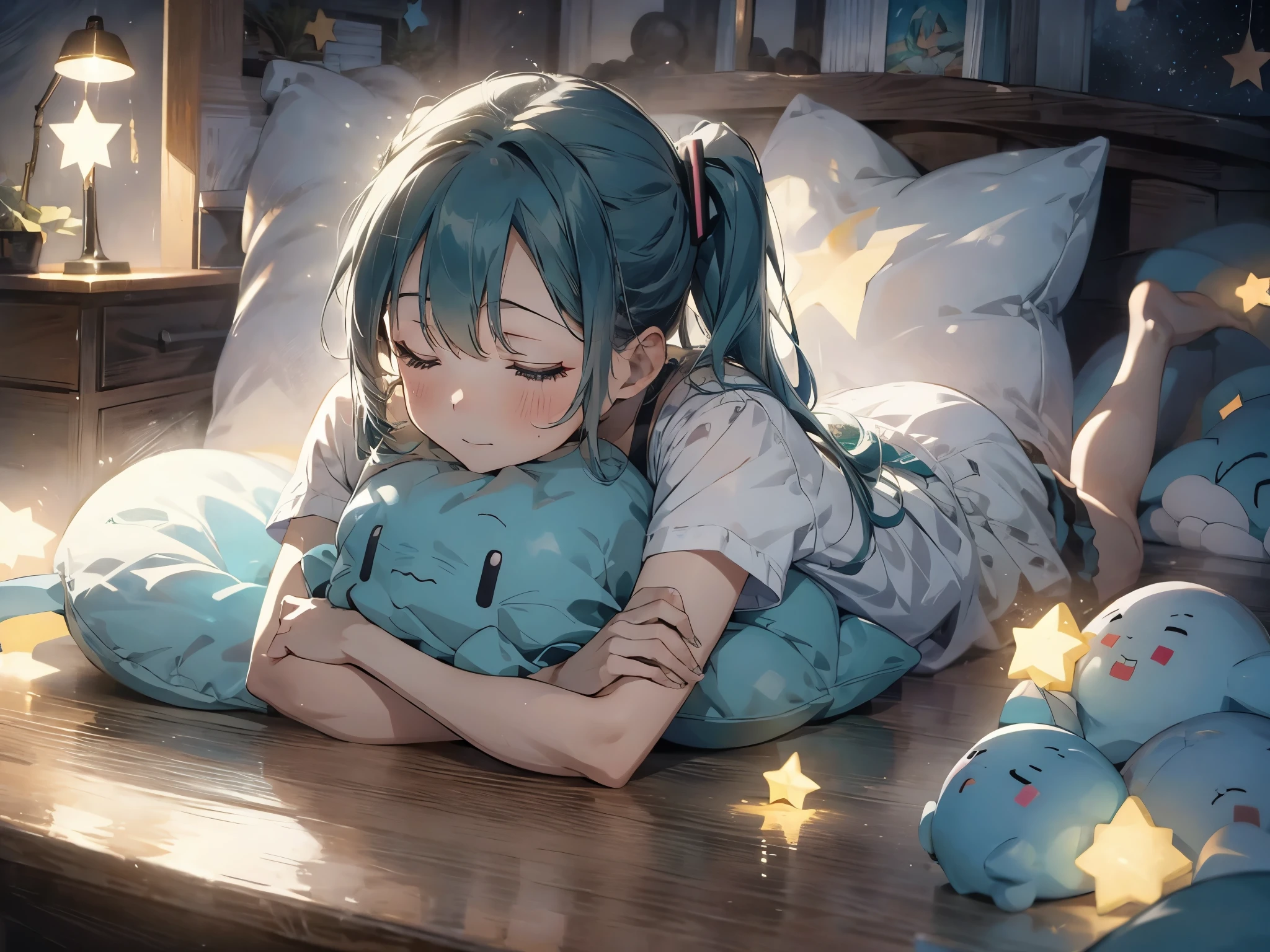 una mujer, pelo verde azulado, Cola de caballo en ambos lados, ojos cian, ((personaje hatsune miku)), Eterno, (durmiendo en la cama), (Sleeping on almohada), Feliz, Encantador, Ojos cerrados, Hacia ti, tirar, cuando ella duerme a tu lado, almohada, almohada, estrella, nube, Precioso dormitorio con fondo blanco y cian claro, Dibujos animados, ((ilustración)), cg de alta calidad, justo