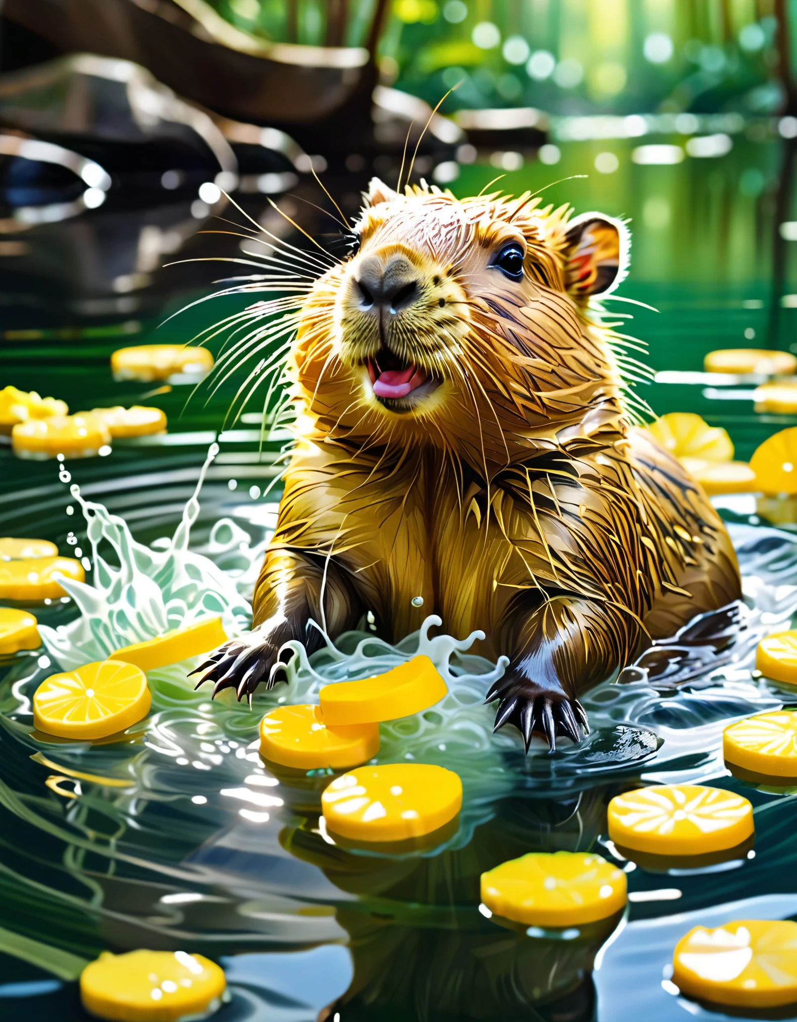 (masterpiece), (extremely intricate:1.3), A painting of a playful, adorable chibi capybara is enjoying a relaxing bath in a beautiful pond, surrounded by vibrant yuzu slices that float on the water's surface. The capybara's tiny, round body is covered in soft, fluffy fur, and it wears a small smile as it splashes around. The background of the scene is a serene, green forest with rays of sunlight filtering through the trees, casting a soft glow on the water.