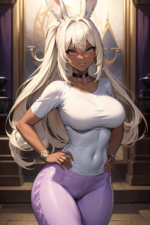 (masterpiece), best quality, highly detailed faces, (SHARP details), 4k, highly detailed, expressive eyes, SHARP detail expressive eyes, (SHARP detail perfect face), ((dark skin)), (bunny ears), (viera), ((platinum blonde hair)), (choker) amber eyes, long and wild hair, (mature woman), (big breasts), smiling, ((dancing)), ((both hands on own hips)), hip sway, toned body, standing, (wearing white shirt), (wearing purple yoga pants), solo,