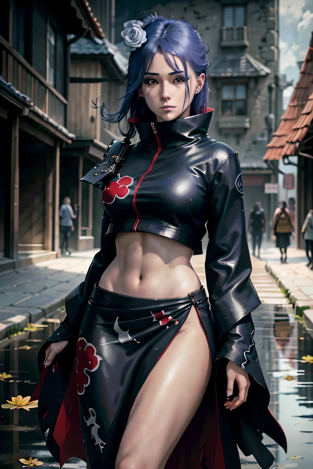 absurdres, (best quality), (masterpiece),(ultra-detailed:1.2),(photorealistic:1.1),(highres),
1girl,
 konan \(naruto\),  (akatsuki outfit:1.1),  labret piercing, (paper:1.2),
ripples,swirling ,