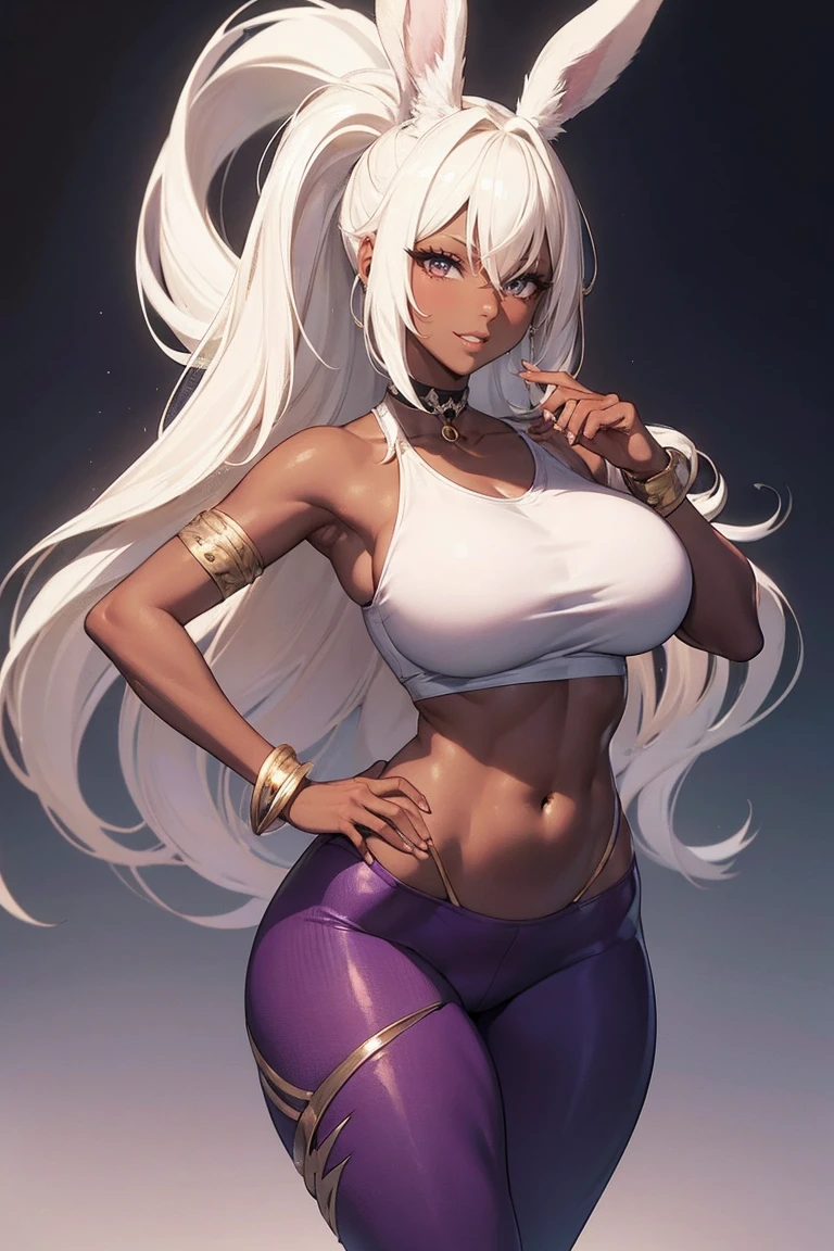 (masterpiece), best quality, highly detailed faces, (SHARP details), 4k, highly detailed, expressive eyes, SHARP detail expressive eyes, (SHARP detail perfect face), ((dark skin)), (bunny ears), (viera), ((platinum blonde hair)), (choker) amber eyes, long and wild hair, (mature woman), (big breasts), smiling, (((dancing))), ((both hands on own hips)), ((hip sway)), toned body, standing, (wearing white shirt), (wearing purple yoga pants), solo,