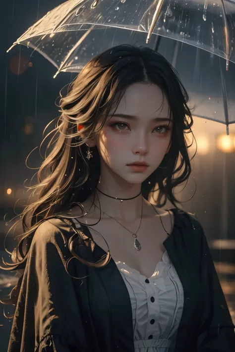 A (girl walking in the rain), beautiful intricate detailed face, elegant long dress, (sorrowful expression:1.3), (dark rainy atm...