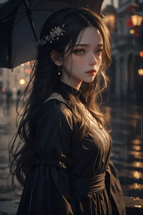 A (girl walking in the rain), beautiful intricate detailed face, elegant long dress, (sorrowful expression:1.3), (dark rainy atmosphere:1.2), moody dramatic lighting, (realistic, photorealistic, photo-realistic:1.37), (best quality, 4k, 8k, high resolution...