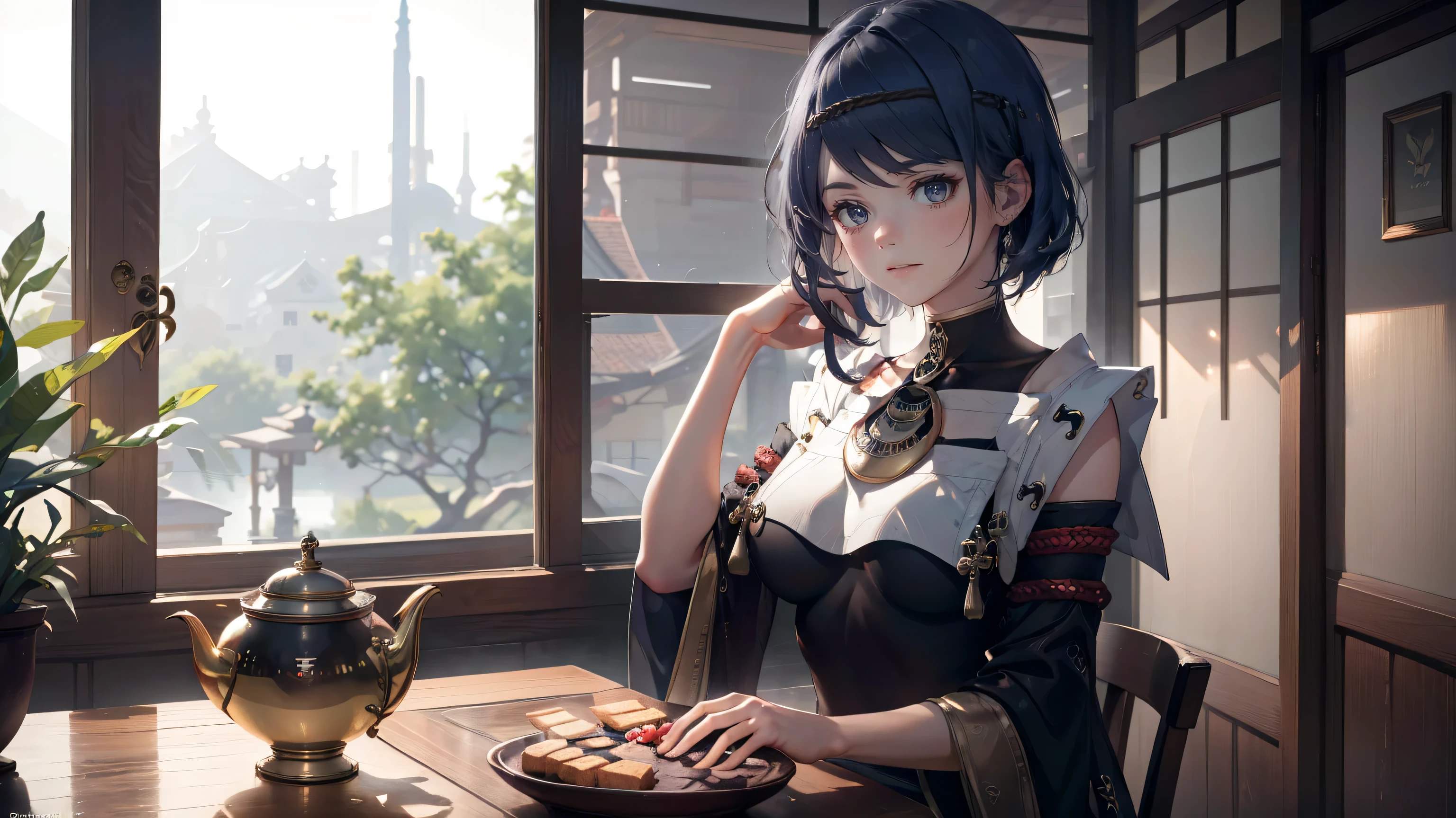 (best quality,8k,highres,masterpiece:1.2),(realistic,photorealistic,photo-realistic:1.37), In purple eyes, Classic maid outfit, traditional Japanese bakery,beautiful detailed eyes,happiness,glowing eyes,smiling,peaceful atmosphere,traditional Japanese clothes,working(best quality,Full range,advert:1.2),bright and warm,Sweet and sleepy,complete happiness,bright smile,sakura tree,tranquil,aroma scent,dreamlike,vivid colors,subtle lighting,traditional Japanese tea set,lively ambiance