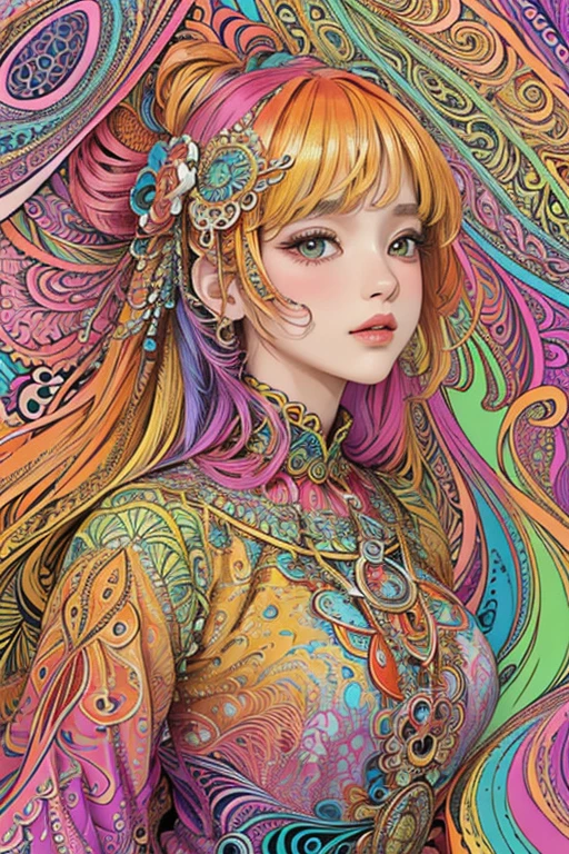 (masterpiece, top quality, best quality, official art, beautiful and aesthetic:1.2), (1girl:1.3), extremely detailed,(fractal art:1.2),colorful,highest detailed,(zentangle:1.2), (dynamic pose), (abstract background:1.5), (traditional dress:1.2), (shiny skin), (many colors:1.4), upper body