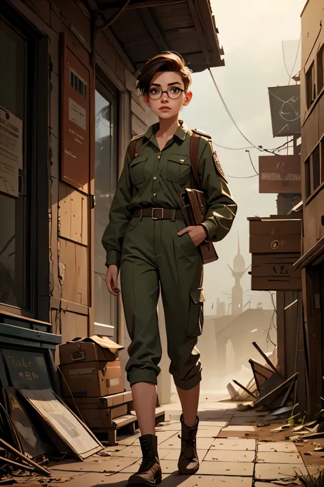 a young female messenger, wearing large glasses, undercut hair, wearing postman uniform, in a post-apocalyptic world