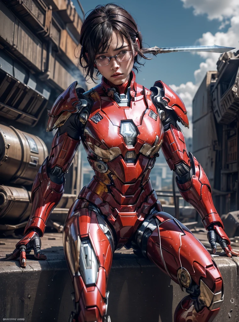  Very detailed, Advanced Details, high quality, 最high quality, High resolution, 1080p, hard disk, beautiful,(Sweaty face,she&#39;Equipped with a severely damaged mech,Full Body Shot　Wearing a bright red Iron Man suit　short hair　Black Hair　Kindergarten girl　Spread your legs wide　Do not expose skin except for the face　Steam coming out of head Steam coming out of head　open one&#39;s mouth in disgust　Losing the battle　The armor is badly damaged　Pieces of armor fly off　I&#39;Under attack.　My glasses broke. I got stabbed with a sword.