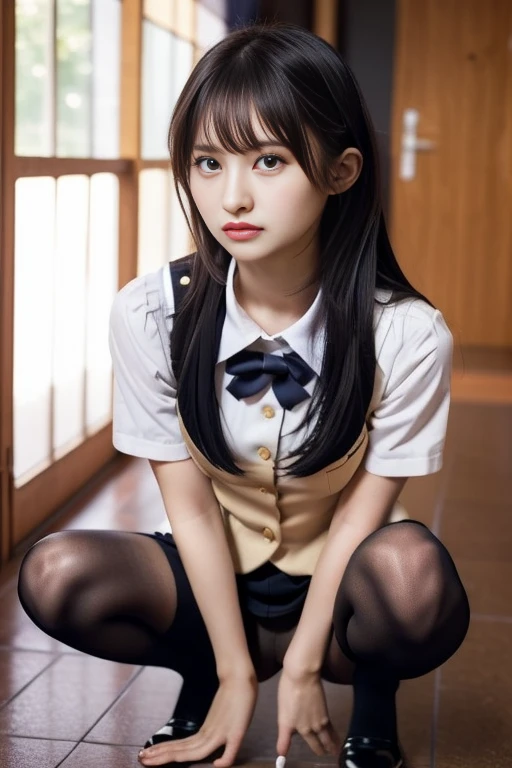 Beautiful and meticulous girl, Very detailed eyes and face, Beautiful fine details, Ridiculous, incredibly Ridiculous, Large file size, Very detailed, High resolution, Very detailed, highest quality, masterpiece, Kemomimi, ((Japanese high school girls uniform)), figure, Very detailed, CG, Unity, 8k wallpaper, wonderful, Fine details, masterpiece, highest quality, Very detailed CG uniform 8k wallpaper, Face Light, Cinema Lighting, One girl, 16 years, (No pants) ), (((Dynamic pose))), (Camel Toe), (half), (pantyhose), (Bend your knees and sit on your feet)),(have to pee,peeing:1.6)