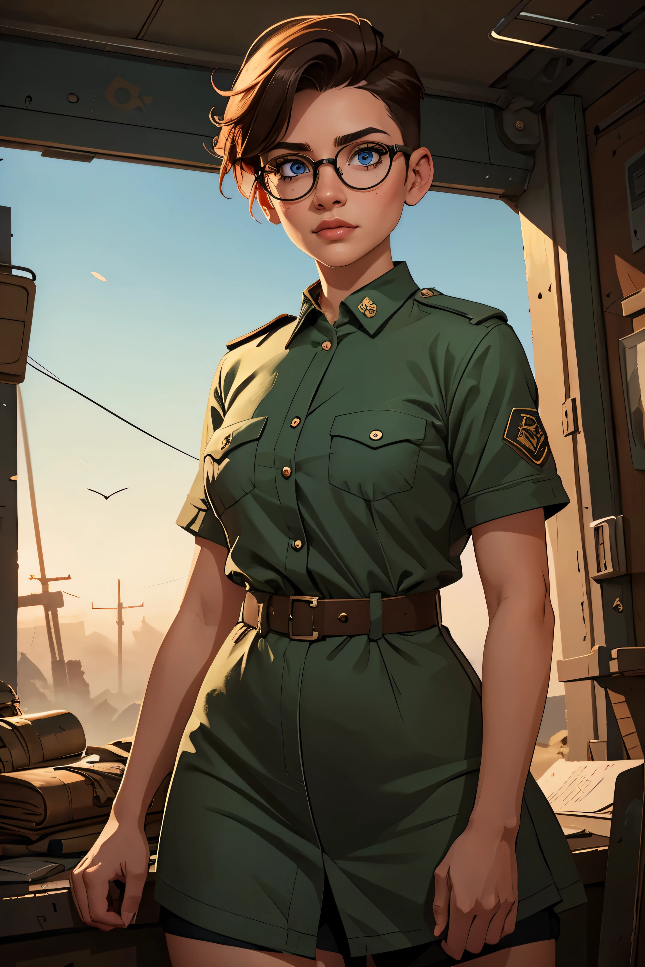 Gran angular, una linda chica mensajera, usando gafas grandes, cabello recortado, vistiendo uniforme postal, en un mundo post-apocalíptico