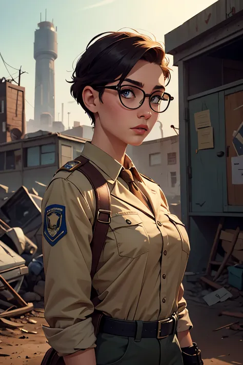 Wide angle, a pretty girl messenger, wearing large glasses, undercut hair, wearing postal uniform, in a post-apocalyptic world