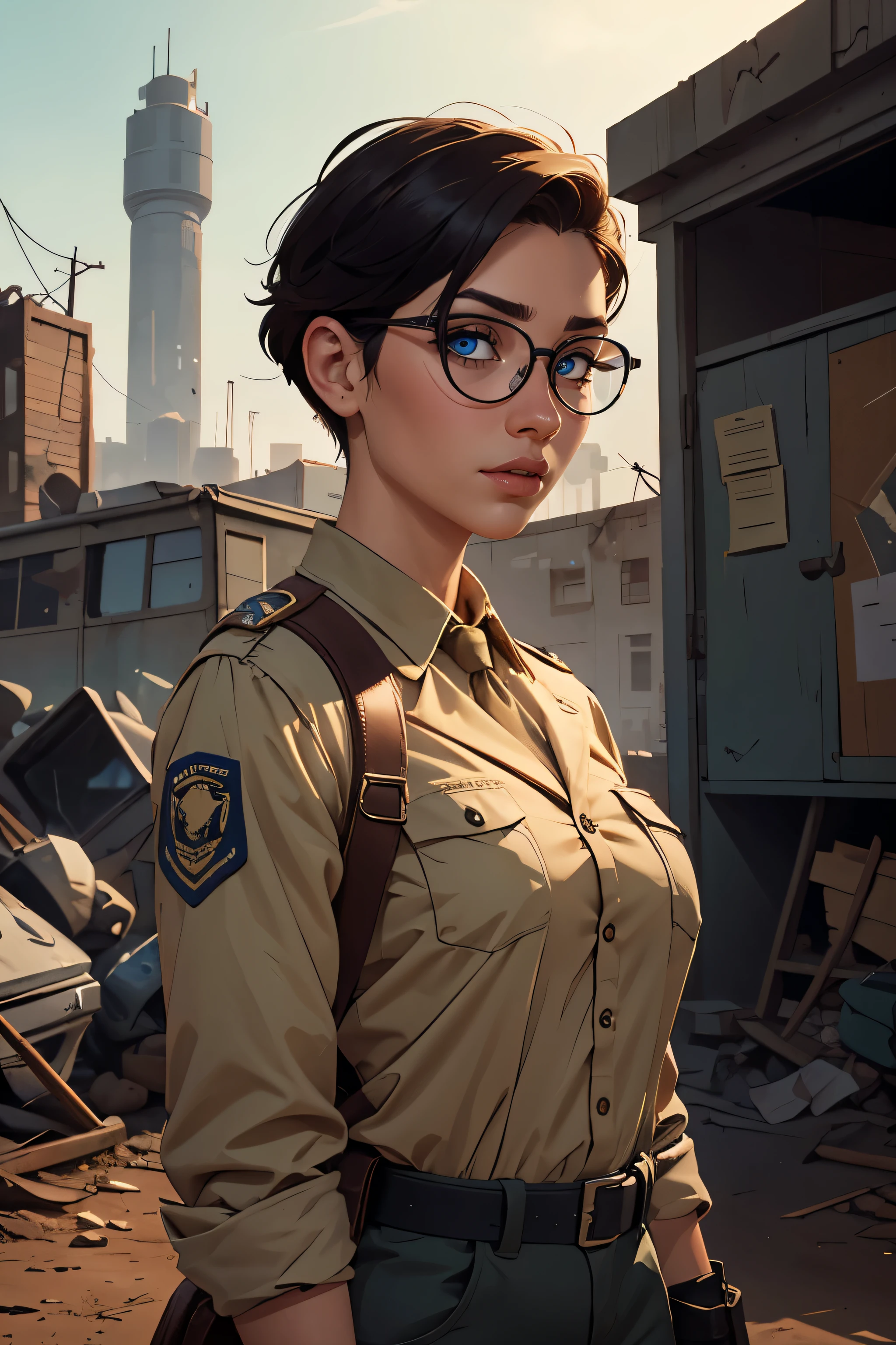 Wide angle, a pretty girl messenger, wearing large glasses, undercut hair, wearing postal uniform, in a post-apocalyptic world