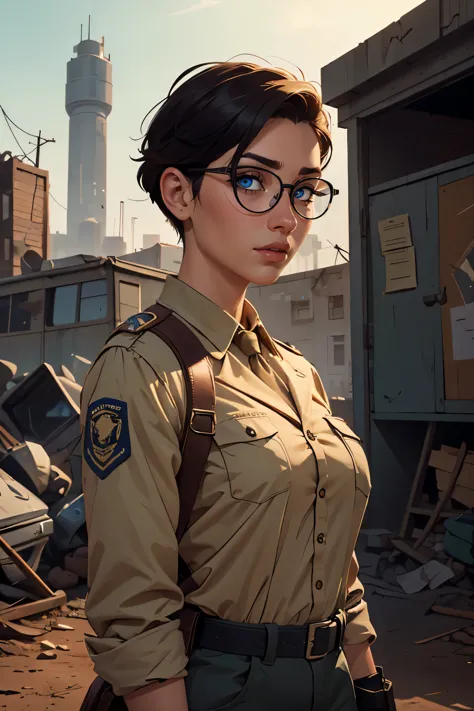 Wide angle, a pretty girl messenger, wearing large glasses, undercut hair, wearing postal uniform, in a post-apocalyptic world