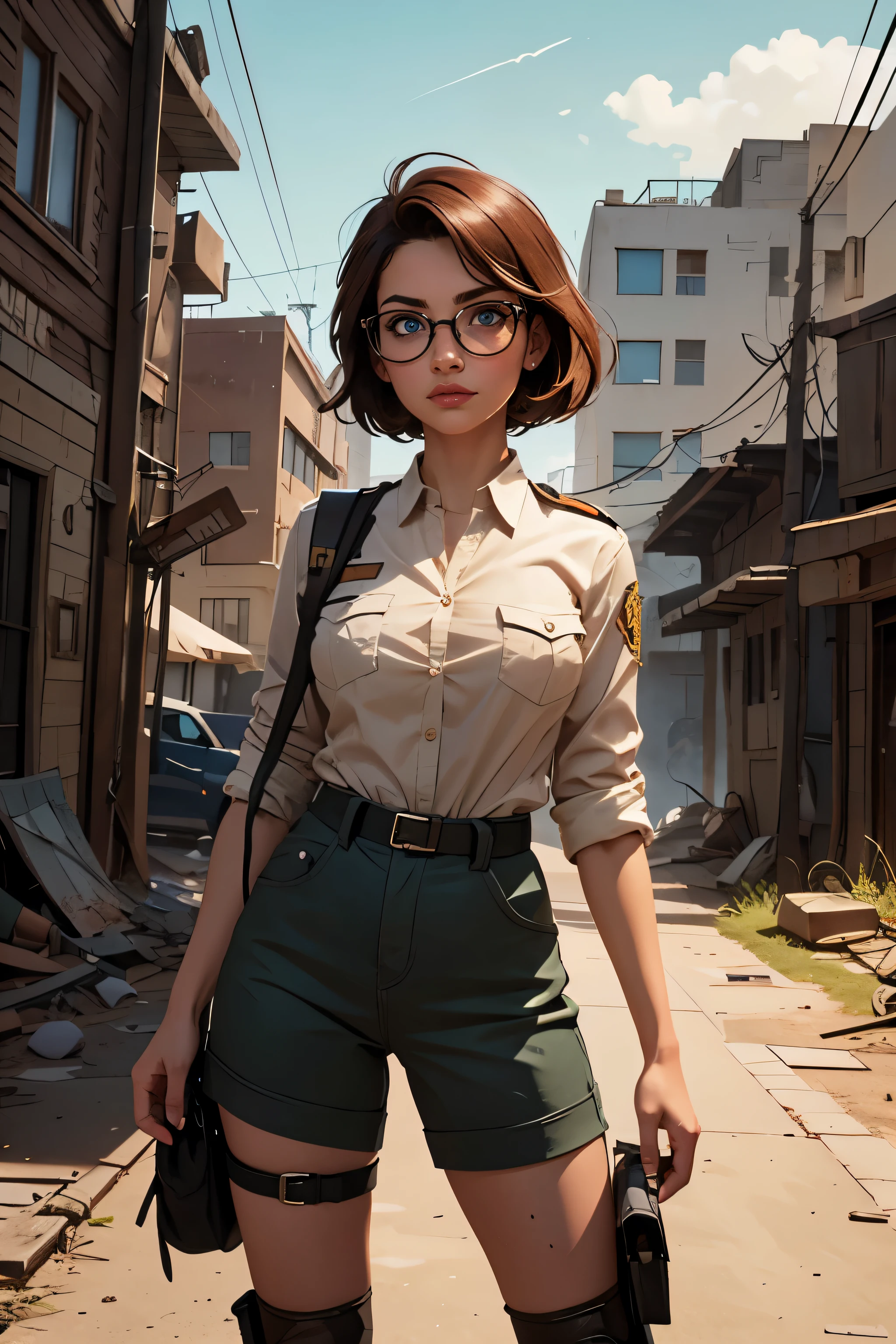 Wide angle, a pretty girl messenger, wearing large glasses, undercut hair, wearing postal uniform, in a post-apocalyptic world