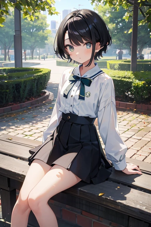 masterpiece, best quality, 4K, a girl, oozora subaru, shy, short hair, black hair, gradient eyes, with sparkling eyes, shiny skin, , mini skirt, full body shot, in the park, in the afternoon