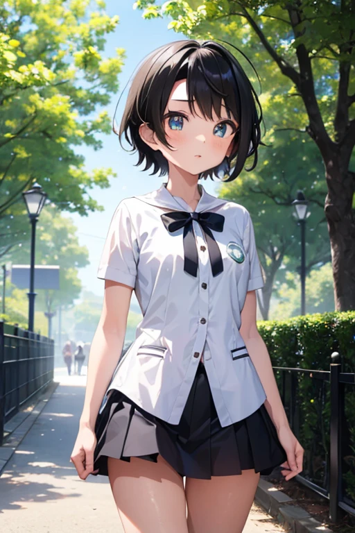 masterpiece, best quality, 4K, a girl, oozora subaru, shy, short hair, black hair, gradient eyes, with sparkling eyes, shiny skin, mini skirt, standing, full body shot, in the park, in the afternoon, dappled sunlight, 