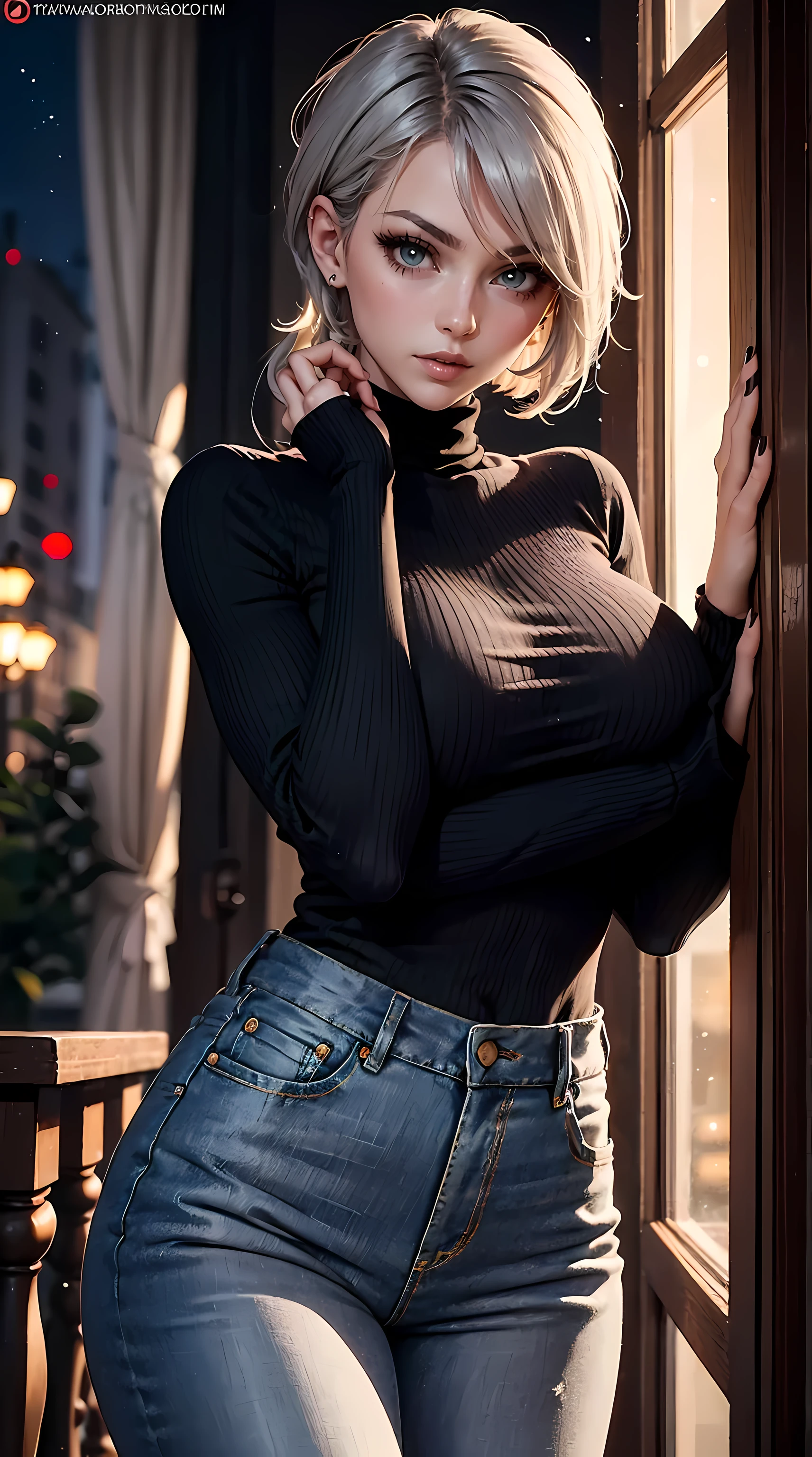 Beautiful gray hair woman is shown to have a slender figure, she is wearing a nsfw turtleneck sweater and sexy jeans, sexy look, long thin ponytail, beautiful eyes, girl in night life ,sexy session, sexy pose, cowboy shot, superior quality, many details, realistic