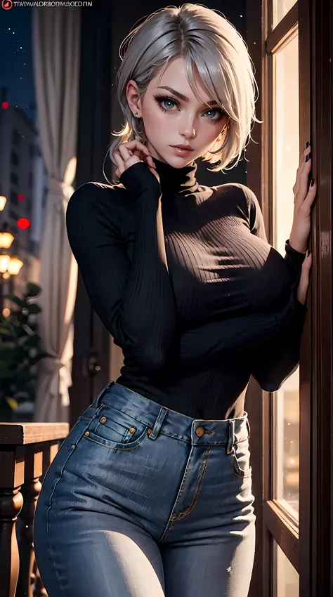 Beautiful gray hair woman is shown to have a slender figure, she is wearing a nsfw turtleneck sweater and sexy jeans, sexy look,...