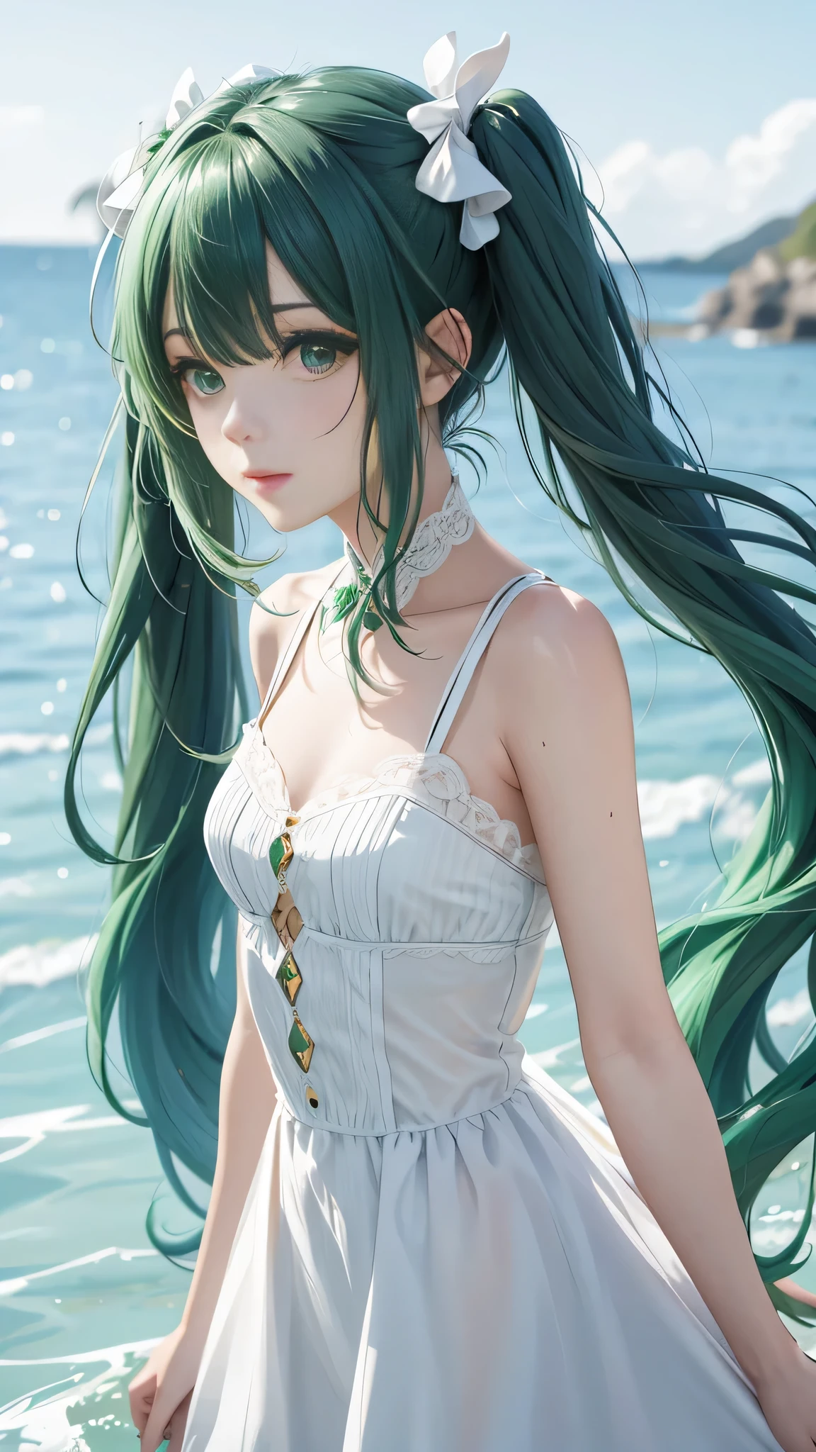 One girl, alone, hair ornaments, Green Hair, Twin tails, Long Hair, dress, water