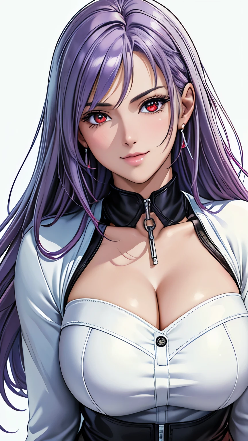 red eyes, (highest quality, masterpiece painting:1.3), immature woman, 16 years old, (half body shot), masterpiece, ultra high resolution, (Photoreal:1.0), ((light purple hair)),straight hair, beautiful shining hair, white and shining skin, ((Ultra realistic details)), octane rendering, highly detailed face, (big breasts:0.8), pump, Single strap shirt, black leather jacket, black leather skirt, open neckline, cleavage, perfect body, soft skin, silver earrings, (pure white background:1.4), sharp focus, intricate details, professional artwork, (bright colors:1.1), bright colors, diffused lighting, digital blending, ultra-definition body, ultra detail hair, super detailed face, that&#39;It&#39;s trending on pixiv, top button open, Cute gaze, compensate, perfect lips, perfect compensate, Ultra-precision coating, (light_smile:0.8), (smugness:1.2),blush your nose,