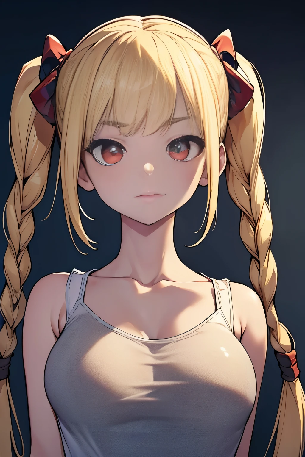 Optimal，masterpiece，High resolution，highest quality，Hyper HD，Very detailed，Award-winning，16k，alone，（Upper Body），Correct Anatomy，Beautiful Cyberpunk Girl，Upper Bodyの写真、Cute face，，blonde、Long Hair、Twin tails、Braid, Hairline，（（Scarlet Eyes）），Long eyelashes，Drooping eyelids，White skin，((shoot from the front:1.5)), ((Tight camisole:1.5)), Clock Top、See-through、rocket , (Large Breasts),