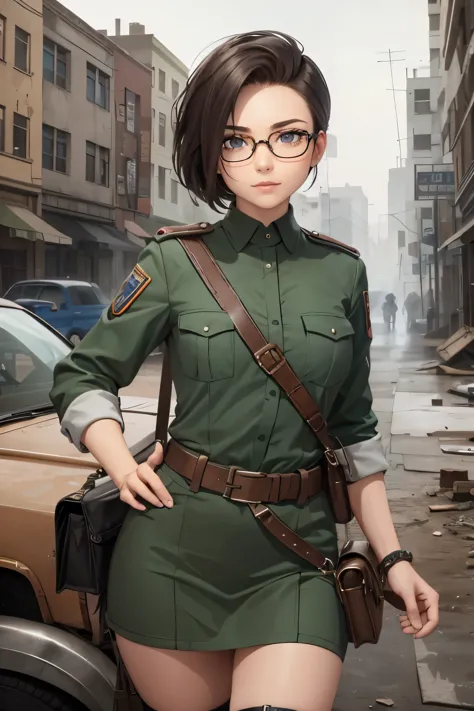 a pretty girl messenger, wearing large glasses, undercut hair, wearing postal uniform, in a post-apocalyptic world