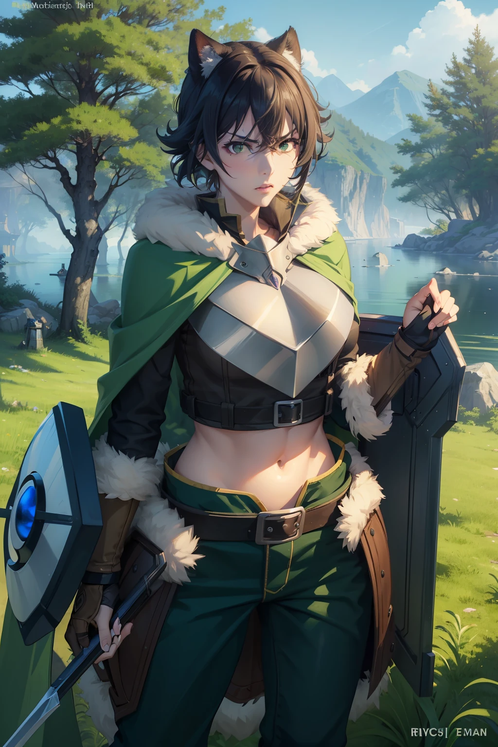 (masterpiece), best quality, expressive eyes, perfect face, highres, 1 girl, solo, (female body:1.3), iwatani naofumi girl , angry , black hair, green eyes, fur trim, armor, green cape, pants, fingerless gloves, outdoor , shield , forest, trees, standing, portrait, looking at the viewer . Shield .