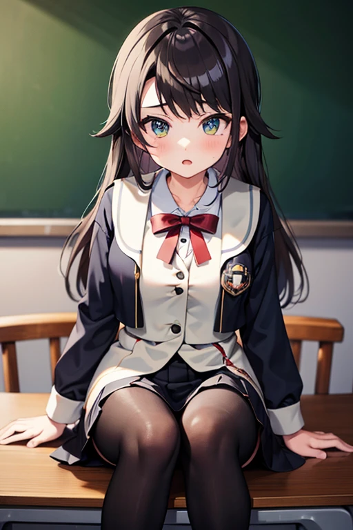 high quality, best quality, masterpiece, absurdres, shinonome ena, uniform, 1girl, solo, classroom, sitting_on_desk, black pantyhose