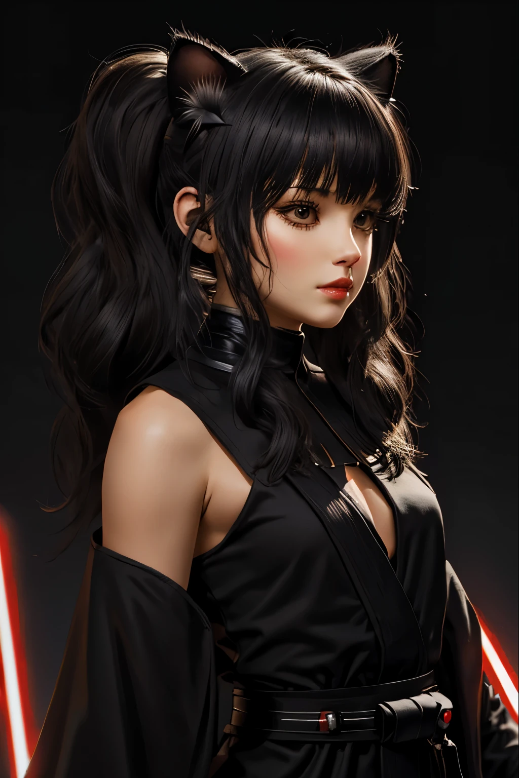 "(Best Quality,high resolution),sexy female jedi knight,beautiful and detailed beautiful thin red eyes, long hair slightly wavy slightly past the shoulders, black bangs, small black pigtails on the sides, cute cat ears, light tan robe with long eyelashes,holding a lightsaber,Portraits,star wars background,vivid colors,Studio lighting"