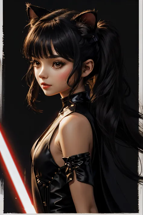 "(best quality,highres),sexy female jedi knight,beautiful detailed (beautiful thin red eyes), long hair slightly wavy slightly p...