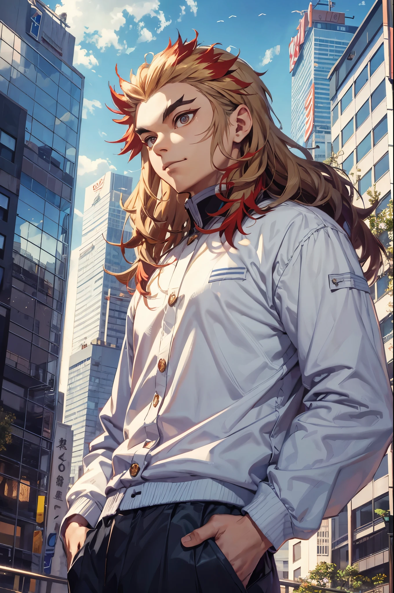 rengoku kyojuro, (absurdos, alta resolução, ultra detalhado, HDR), obra de arte, melhor qualidade, 1 menino, Sozinho, bonito, cabelo longo, sobrancelha bifurcada, camisa, jaqueta, pant, parque, cidade, dia ensolarado, sorriso pretensioso, de baixo, olhar para baixo