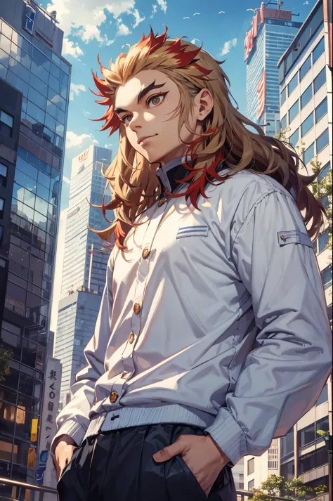 rengoku kyojuro, (absurdres, highres, ultra detailed, HDR), masterpiece, best quality, 1boy, solo, handsome, long hair, forked e...