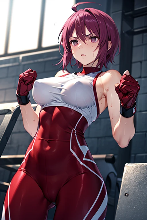 (8K、top-quality、​masterpiece:1.2)、(realisitic、ultra-detailliert、超A high resolution,beautifull detailed face,perfect body,perfect lighting,constriction,beautiful detailed skin,skin texture,(1girl), bodysuits,white,sleeveless, bare arms,fighting gloves,erect nipples,cameltoe,short hair, ahoge, red hair, purple eyes, purple hair, , (fighting at the gymnasium,serious,sweat:1.5,tired)
