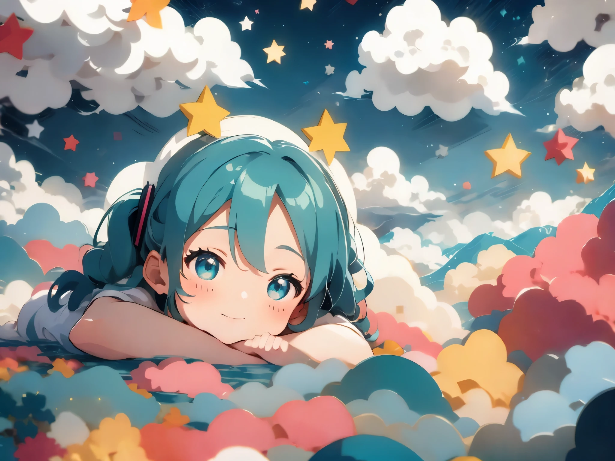 A girl, teal hair, ponytail on both sides, Cyan eyes, ((Character Hatsune Miku)), Everlasting, Sleeping in bed, Sleeping on Pillow, Happy, Lovely, Close your eyes, Towards you, POV, when she sleeps next to you, Pillow, Pillow, Star, cloud, Bedroom with light cyan and white background, cartoon, ((illustration)), high quality, Fair