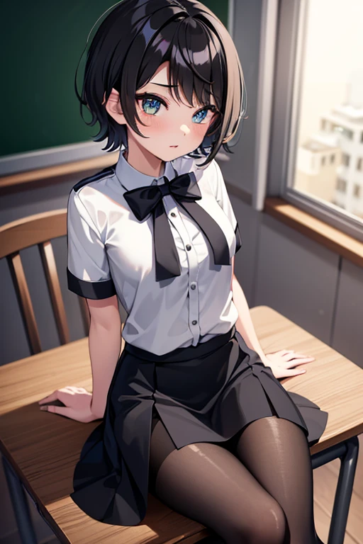 high quality, best quality, masterpiece, absurdres, uniform, 1girl, solo, classroom, sitting on desk, black pantyhose, short hair, black hair, gradient eyes, with sparkling eyes, shiny skin, mini skirt, 