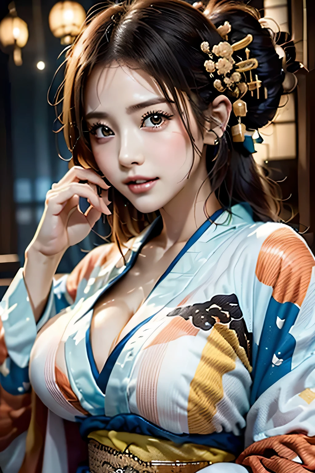 (((Gorgeous courtesan kimono:1.7))),(Beautiful mature woman in a noble courtesan kimono),(((Flashy and extravagant courtesan attire:1.3))),(Glamorous Jar)(Gorgeous floral hair ornament),Gorgeous floral braided top knot,(Very delicate and beautiful hair,),(((Accentuate larger breasts:1.3))),Fireworks shooting up into the sky against the backdrop of the riverbank at night.、Cute round face,Detailed garment features,Detailed hair features,Detailed facial features,Looking at the camera,(Dynamic Angle),(Dynamic and sexy pose),Cinematic Light,(Ultra-high resolution output images,Written boundary depth,Intricate details,Light and shadow contrast、The subject appears three-dimensional,) ,Single-lens reflex camera, (Realistic:1.3),(8K quality,Anatomically correct facial structure,),(SeaArt 2 Mode:1.3),(Picture Mode Ultra HD,)