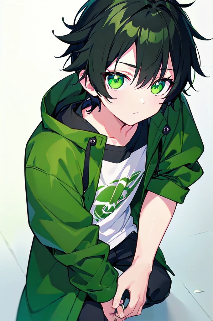 [(WHITE BACKGROUND:1.5),::5], ((((masterpiece)))), high quality, ultra_very_high_resolution, large_filesize, (green base), full color, ((solo)), ((little boy)), (((black short hair))), green eyes, anime, neon light, black parka,