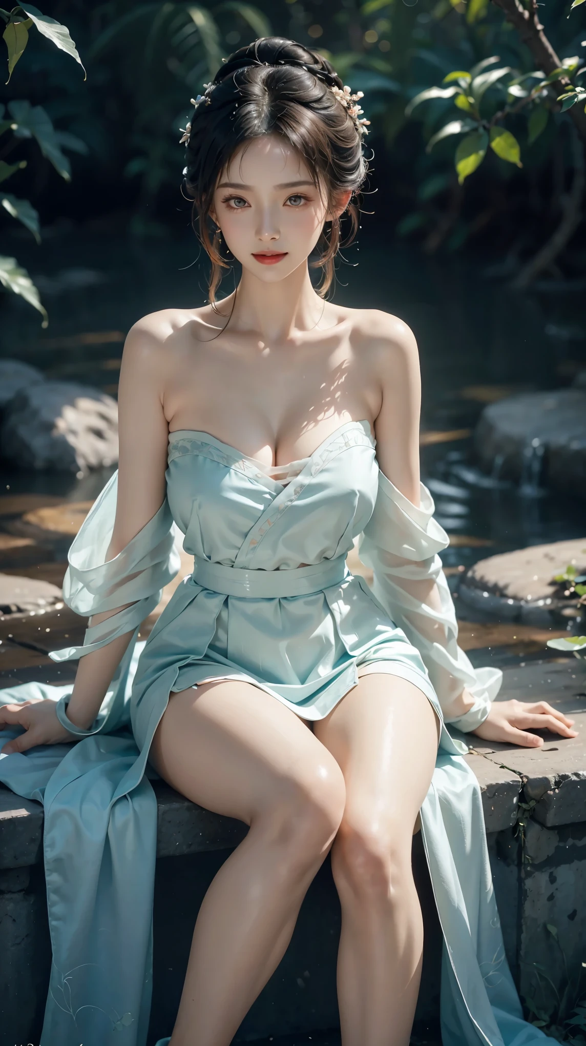 hanfu-song, hanfu, song theme, bandeau, tube top, (full body), ((Sitting)), ((Bare shoulders)), ((Very short skirt)), ((Showing off her sexy long legs)), (Surrealism), (illustration), (Resolution enhancement), (8k), (Very detailed), (Best illustration), (Beautiful and delicate eyes), (best quality), (Ultra Detailed), (masterpiece ), ( wallpaper), (Delicate face),A blonde, curls,(High top fade in and out:1.3), (Smile brightly, Bright appearance), dark theme, Soothing tone, Soft colors, High contrast, (Natural skin texture, Surrealism主义, Soft Light, impatient),Exposure Blending, Medium shot, Bokeh, High contrast, (Movie, Cyan and Orange:0.85), (Soft colors, fade, Soothing tone:1.3), High Saturation, (Ultra Detailed:1.2),(Large Breasts :1.2)