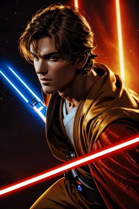 "(best quality,highres),sexy male jedi knight,beautiful detailed eyes,long eyelashes light tan robe, holding a red lightsaber, p...