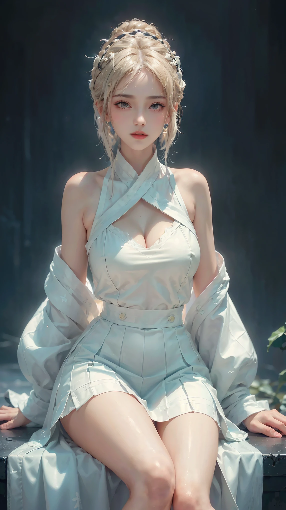 BAINV, (full body), ((Sitting)), ((Bare shoulders)), ((Very short skirt)), ((Showing off her sexy long legs)), (Surrealism), (illustration), (Resolution enhancement), (8K), (Very detailed), (Best illustration), (Beautiful and delicate eyes), (best quality), (Ultra Detailed), (masterpiece ), ( wallpaper), (Delicate face),a blonde, curls,(High top fade in and out:1.3), (Smile brightly, Bright appearance), dark theme, Soothing tone, Soft colors, High contrast, (Natural skin texture, Surrealism, Soft Light, impatient),Exposure Blending, Medium shot, bokeh, High contrast, (Movie, cyan and orange:0.85), (Soft colors, fade, Soothing tone:1.3), High Saturation, (Ultra Detailed:1.2),(Large Breasts :1.2)