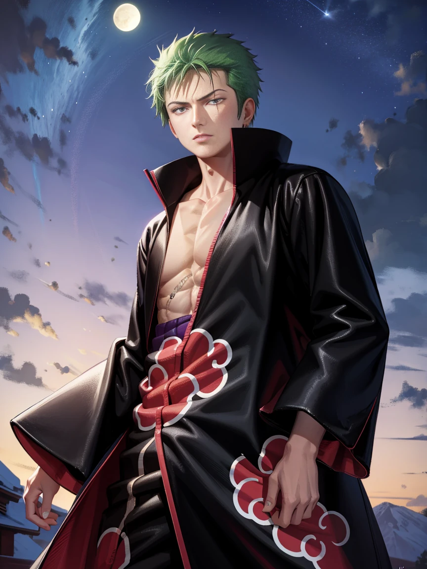 (masterpiece), (best quality), ultra high res, professional artwork, ultra detailed, intricate, detailed face, perfect lighting, 1boy, green hair, (purple eyes), AKATSUKI OUTFIT, ninja, black cloak, black coat, high collar, collarbone, head, night, night sky, crescent moon, red moon, outdoors, (cowboy shot, far shot), blunt bangs, Roronoa Zoro, Zoro,