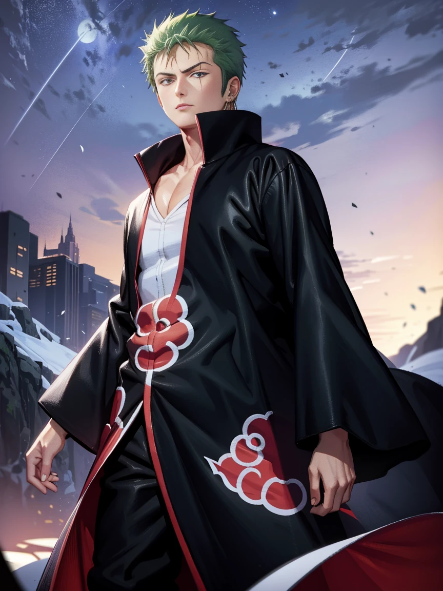 (masterpiece), (best quality), ultra high res, professional artwork, ultra detailed, intricate, detailed face, perfect lighting, 1boy, green hair, (purple eyes), AKATSUKI OUTFIT, ninja, black cloak, black coat, high collar, collarbone, head, night, night sky, crescent moon, red moon, outdoors, (cowboy shot, far shot), blunt bangs, Roronoa Zoro, Zoro,