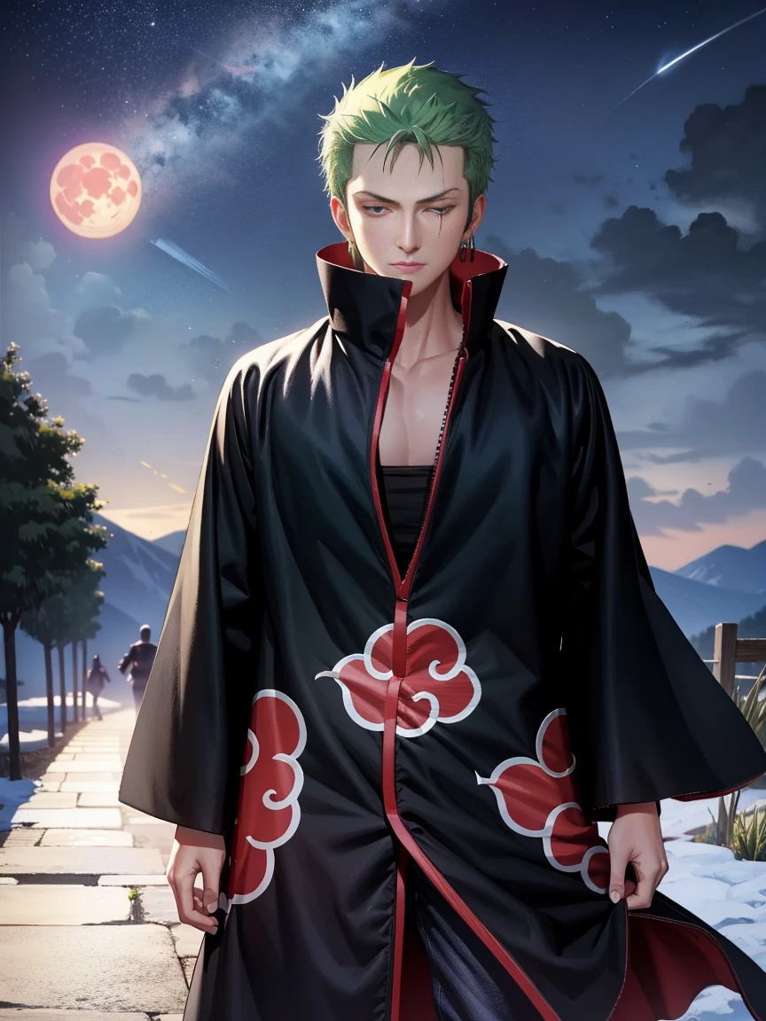 (masterpiece), (best quality), ultra high res, professional artwork, ultra detailed, intricate, detailed face, perfect lighting, 1boy, green hair, (purple eyes), AKATSUKI OUTFIT, ninja, black cloak, black coat, high collar, collarbone, head, night, night sky, crescent moon, red moon, outdoors, (cowboy shot, far shot), blunt bangs, Roronoa Zoro, Zoro,