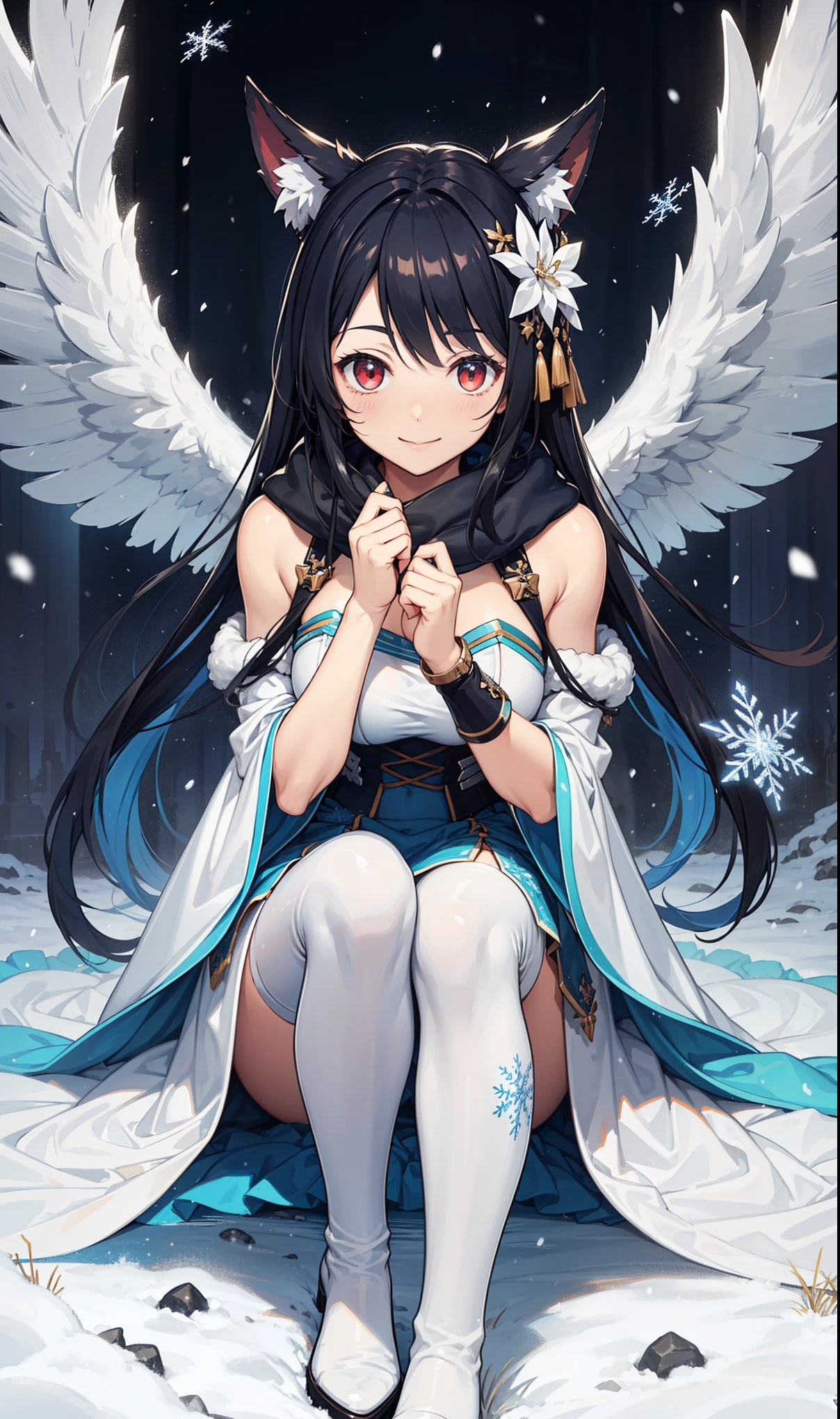 girl，Smile,in love，Moderate，(azur lane costumes)，Translucent clothing，holy，Colorful transparent skirt，beautiful pattern，sky blue pattern，snowy night，Transparent lace，Dress nicely，The only person，Special hairstyle，port，(night:1.1)，Blizzard，(Snowflakes flying)，(Black long sling boots:1.1)，Pantyhose，Delicate and beautiful face，Sitting，Playing in the snow，Red Eyes, Frosty blue hair，Warm down，a scarf around the neck
