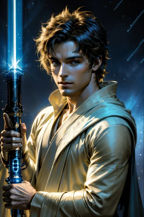 "(best quality,highres),sexy male jedi knight,beautiful detailed eyes,long eyelashes light tan robe, holding a blue lightsaber, ...