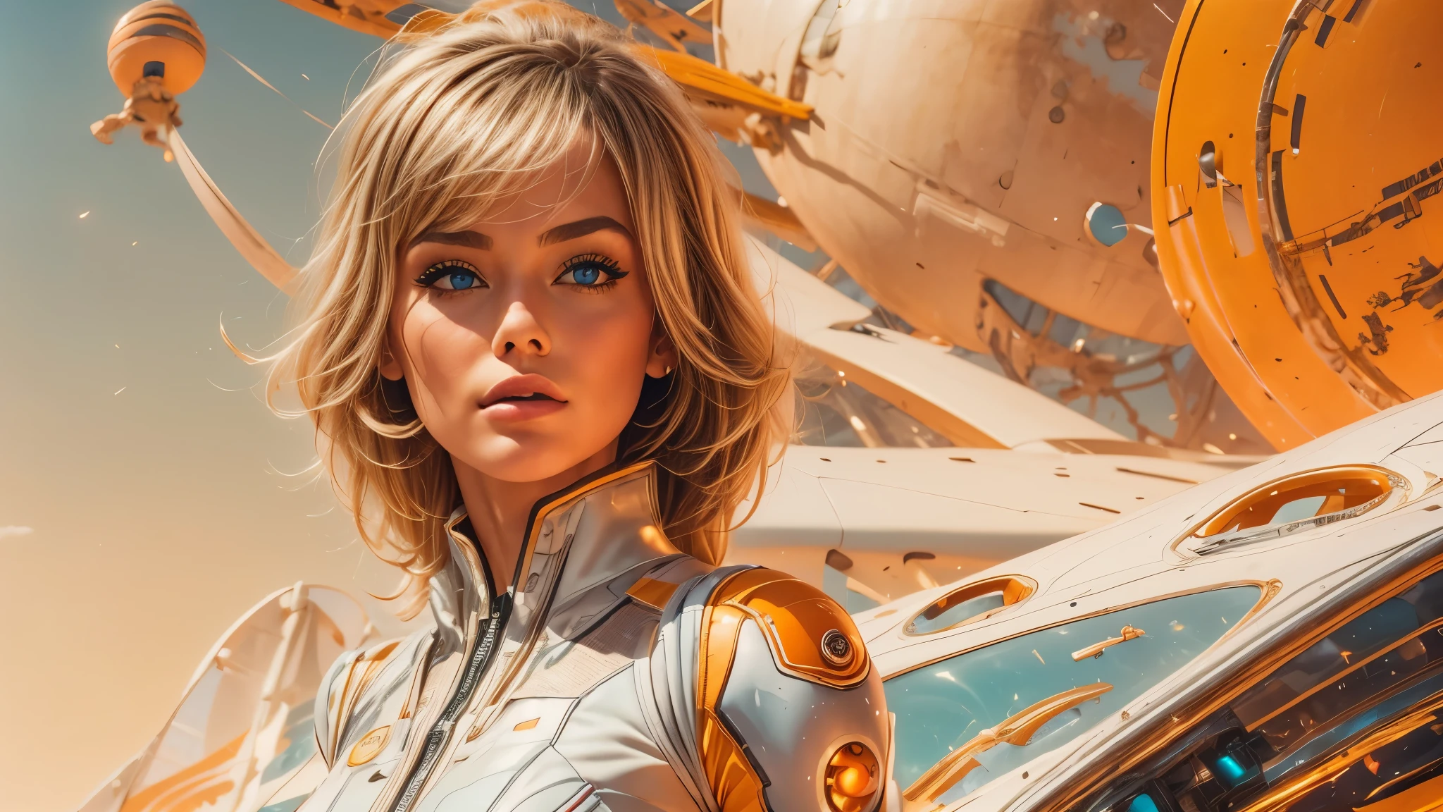 image arafée d&#39;une femme blanche dans un costume futuriste avec un vaisseau spatial en arrière-plan, art du cinéma, devant un fond orange, inspiré par Robert McGinnis, protagoniste féminine, mégastructure en arrière-plan, portrait d&#39;un astronaute IA, astronautes, un astronaute, portrait d&#39;un squelette d&#39;astronaute, fille androïde parfaite, yeux détaillés, dents parfaitement détaillées, Frank Franzzeta et Sakimichan  